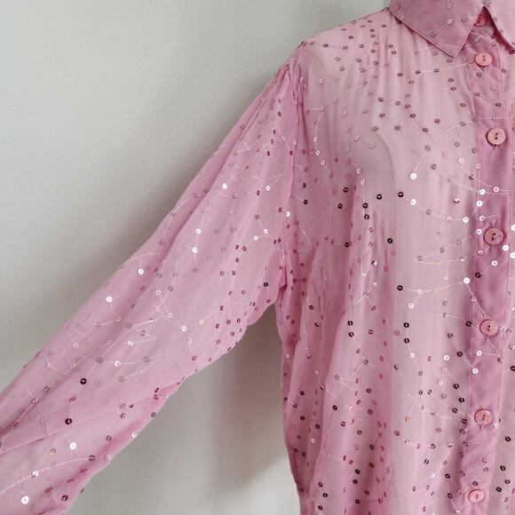 Vintage Draper's & Damon's Pink Sequin Sheer Button Up Blouse XL - Picture 2 of 8